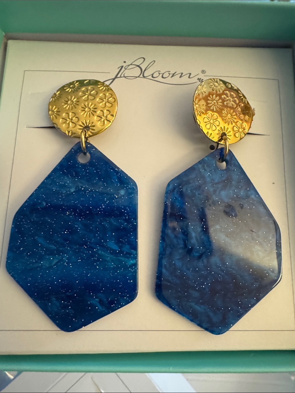 bloom Haven Gold Floral Navy Blue Marbled Drop Earrings Women’s fashion jewelry